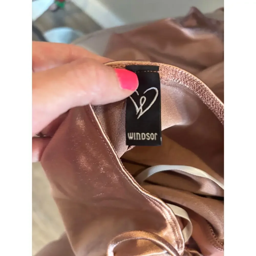 Copper Satin Maxi Dress Ruched Babydoll Formal Evening Gown Prom Glam Feminine - Picture 4 of 5